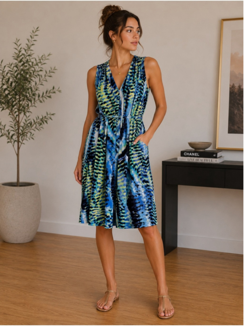 Cleo Petite Sleeveless V-Neck Blue & Green Print Dress Size 12P Cocktail Summer